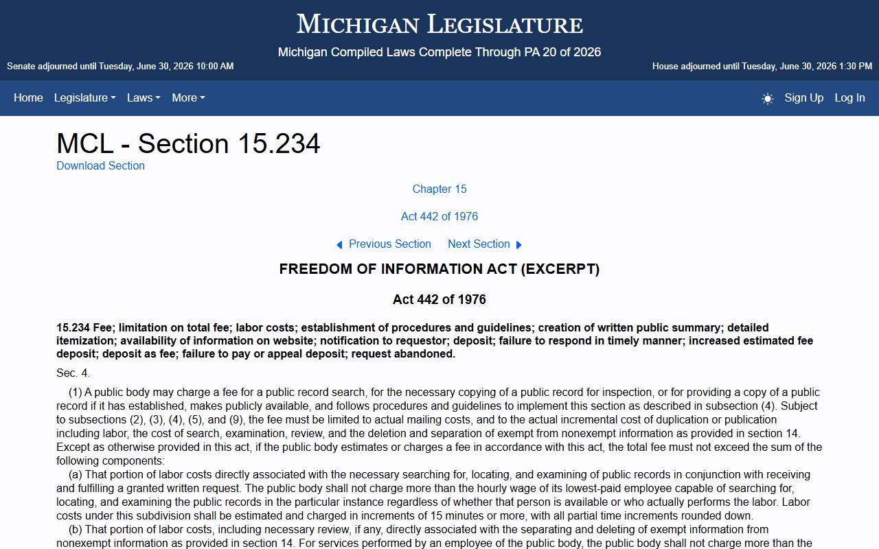 Keweenaw County court records fees for confidential and law-enforcement requests under Michigan FOIA