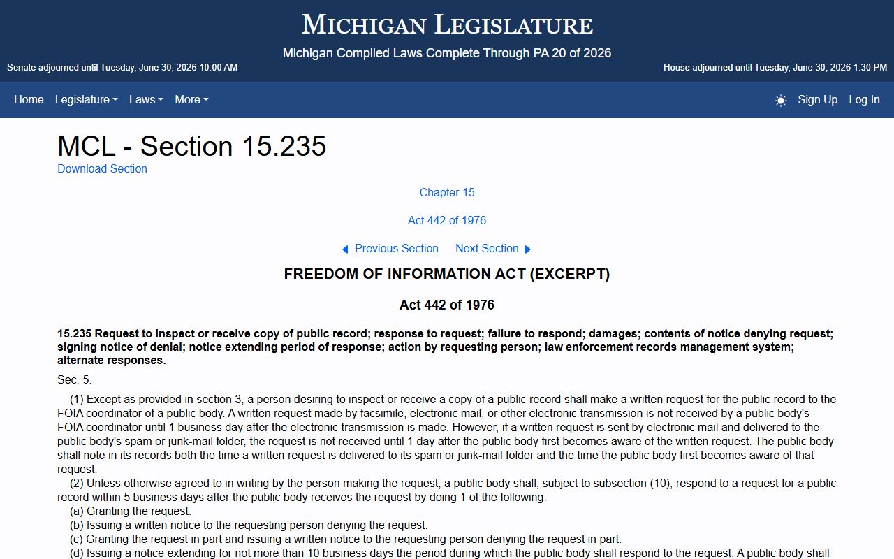 Keweenaw County court records request timelines under the Michigan FOIA response deadline statute