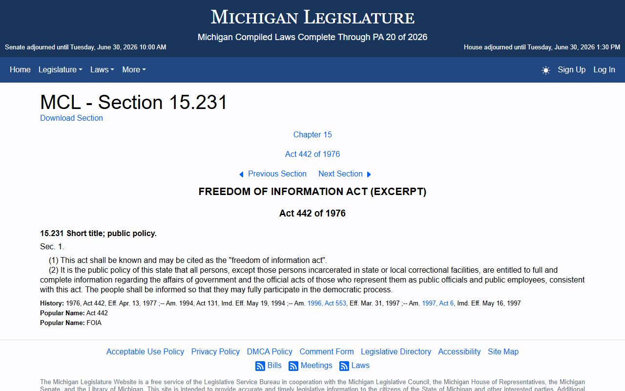 Keweenaw County court records access under the Michigan Freedom of Information Act policy statute