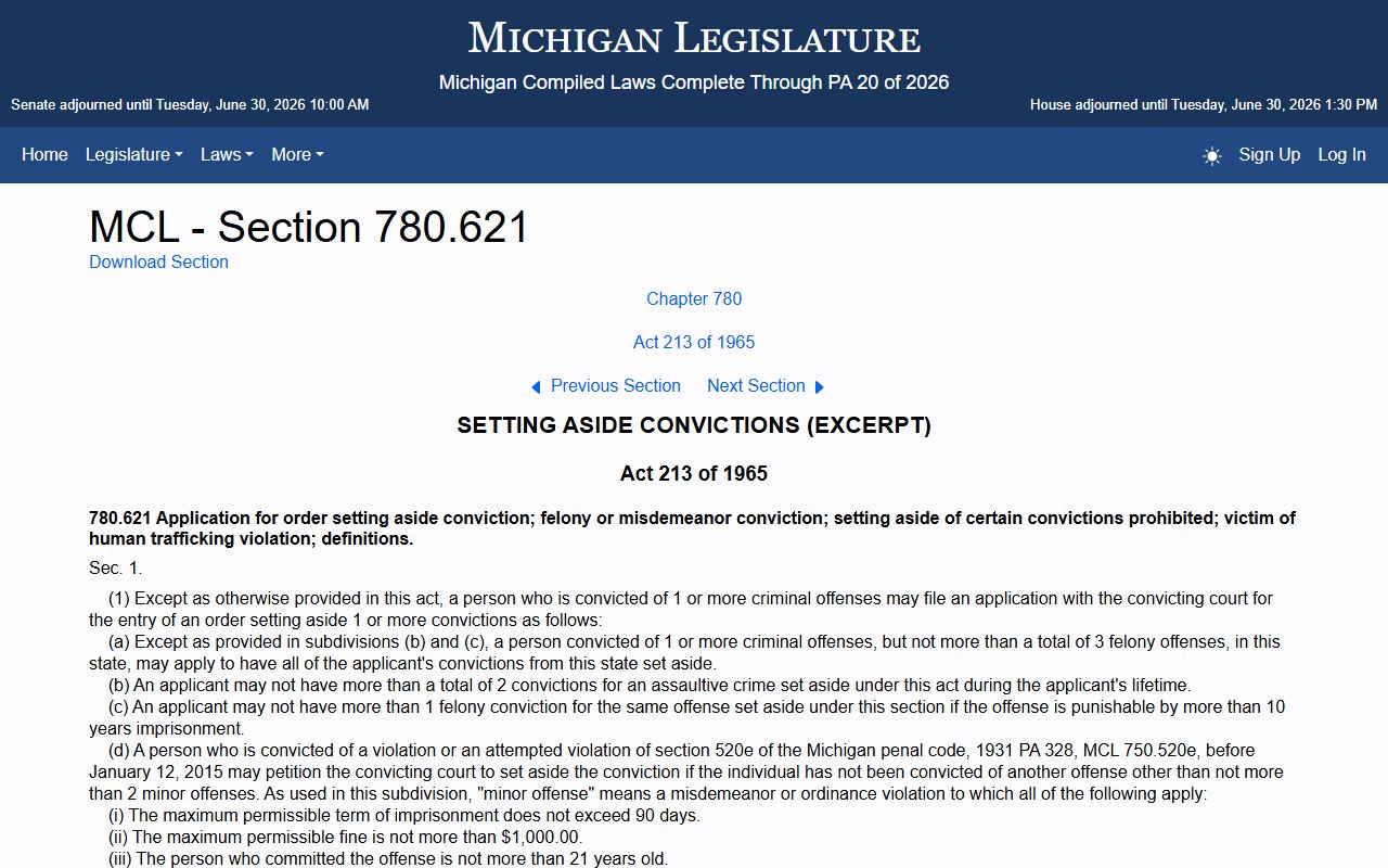 Michigan set-aside statute page governing Keweenaw County criminal court records eligibility