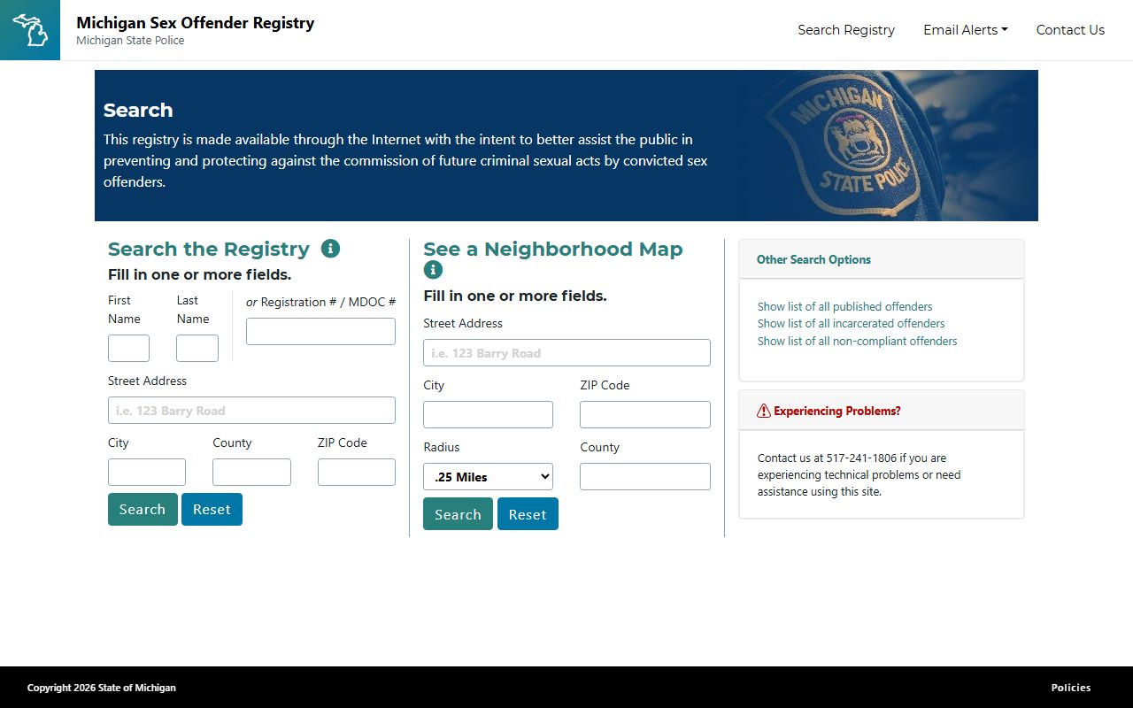 Keweenaw County inmate records comparison with the Michigan Public Sex Offender Registry search form