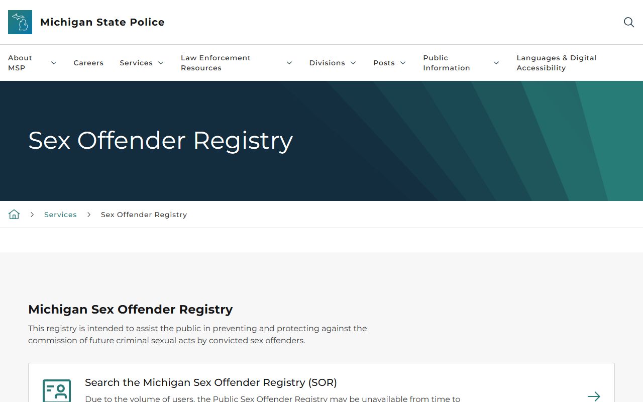 Keweenaw County inmate records context on the Michigan State Police sex offender registry page