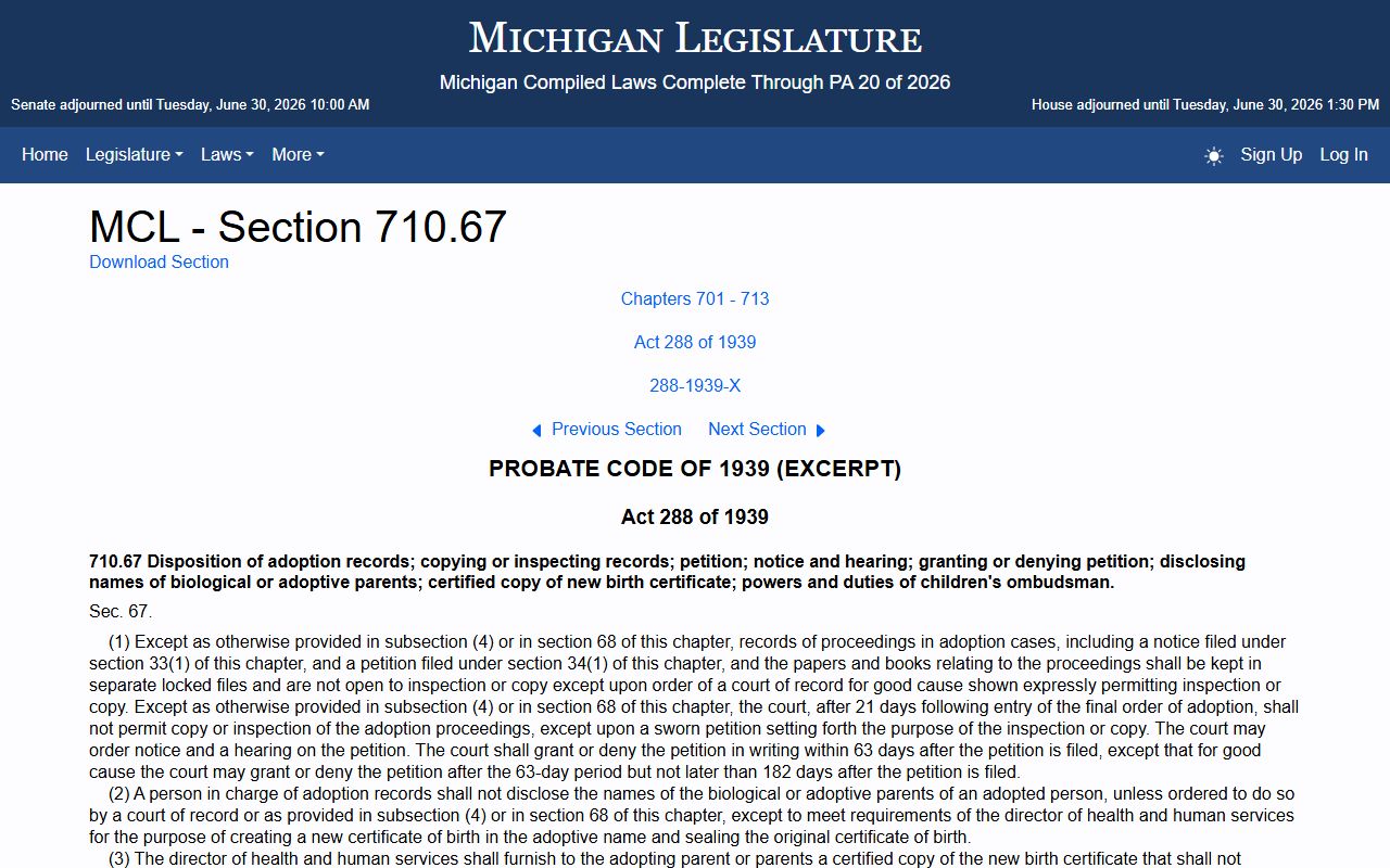 Michigan adoption confidentiality statute page for Keweenaw County family records