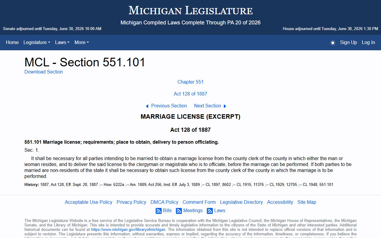 Michigan marriage-license statute page for Keweenaw County marriage records