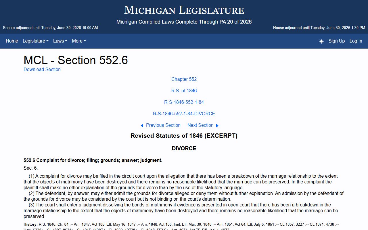 Michigan divorce residency statute page for Keweenaw County divorce records