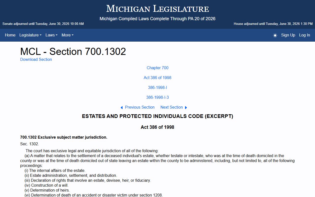 Keweenaw County probate records jurisdiction statute for estates and guardianships