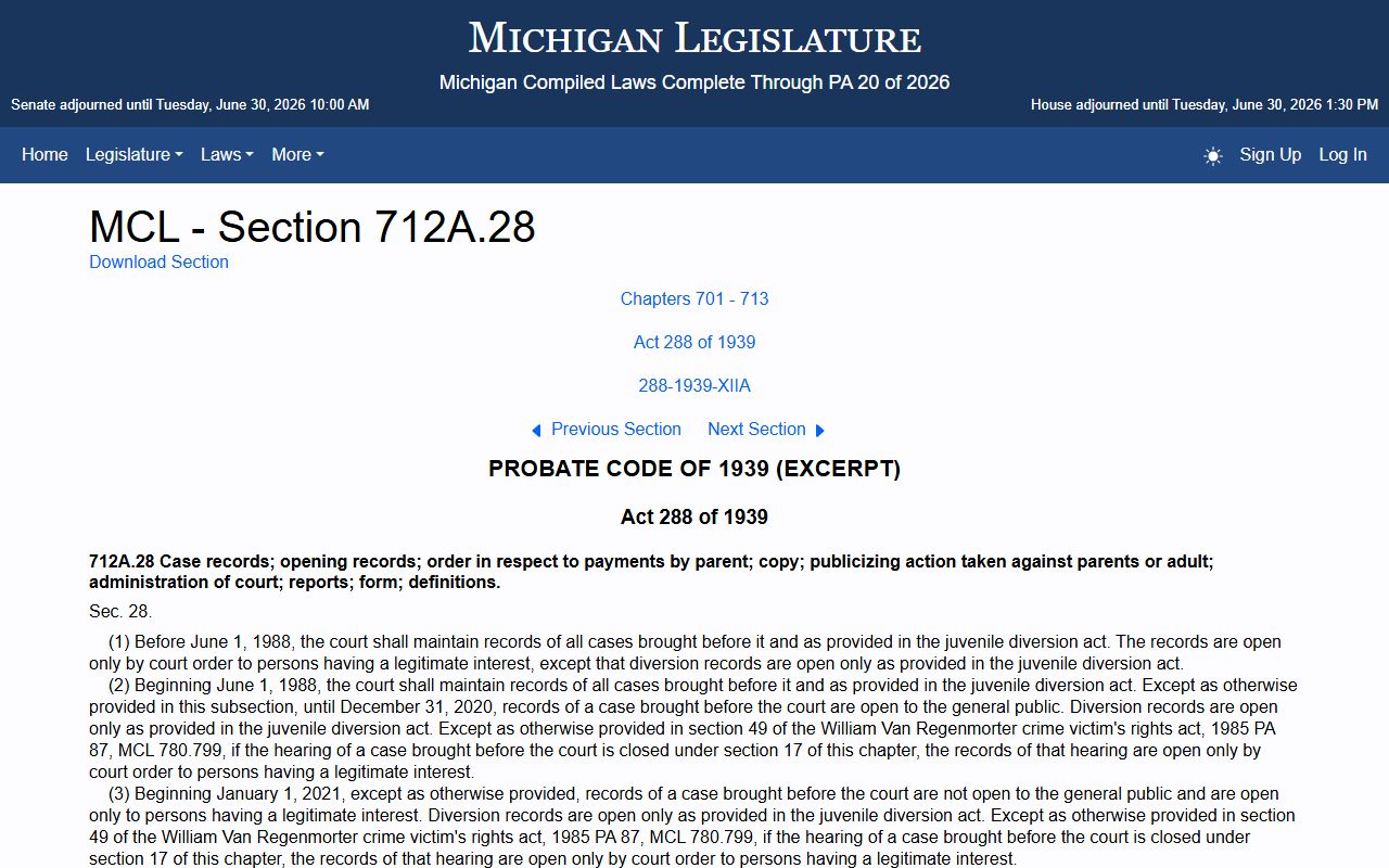 Keweenaw County probate records juvenile confidentiality statute reference